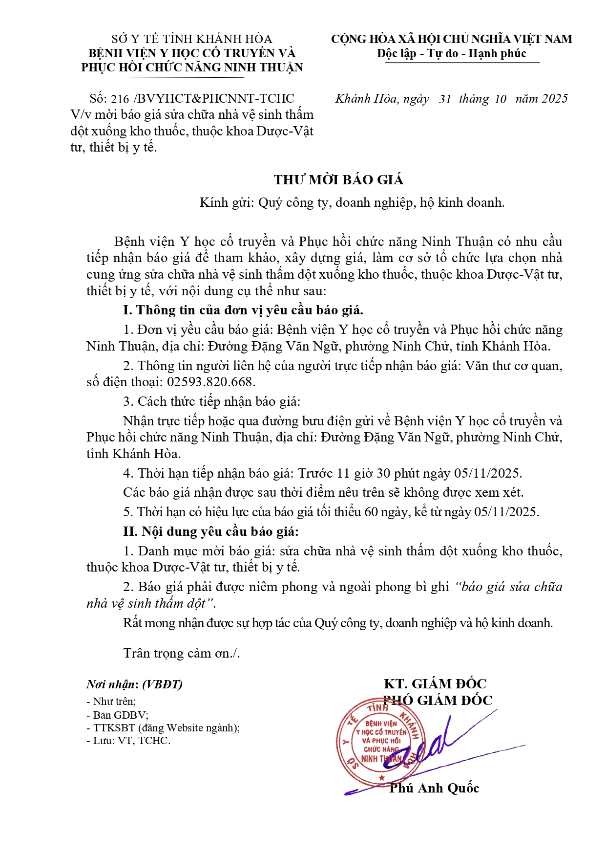 V/v mời báo giá sửa chữa nhà vệ sinh thấm dột xuống kho thuốc, thuộc khoa Dược-Vật tư, thiết bị y tế.